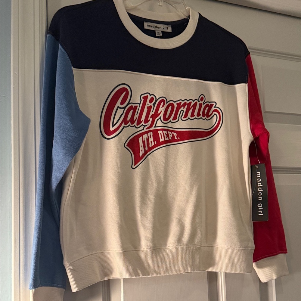 Madden Girl Women’s Tricolor California Crewneck Sweatshirt Size M NWT